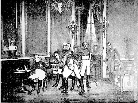Napoleon undertecknar sin afsägelseurkund den 11 april 1814. Efter en tafla af E. Berne-Bellecour.
