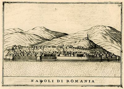 View of Nauplia from the sea, with the heights of Palamidi in the background, by Vincenzo Coronelli
