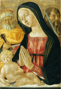 Neroccio de 'Landi, Madonna mit Kind und den Heiligen Petrus und Paulus, yakl.  1485.png