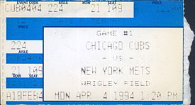 A ticket for the Mets' 1994 Opening Day game against the Chicago Cubs New York Mets at Chicago Cubs 1994-04-04 (ticket).jpg