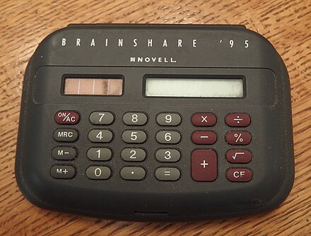Electronic calculator, given out during the Novell BrainShare computer conference for 1995