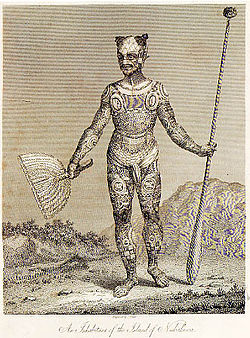 A warrior of Nuku Hiva with a spear and a hand fan by Wilhelm Gottlieb Tilesius von Tilenau, 1813.