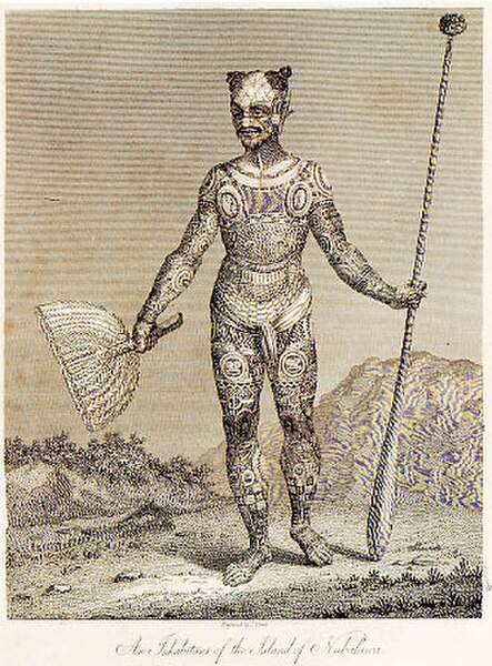 A warrior of Nuku Hiva with a spear and a hand fan by Wilhelm Gottlieb Tilesius von Tilenau, 1813.