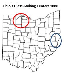 Old glass making center circled in blue, new in red (dot marks Fostoria) Ohio Glass Making Centers 1888.jpg