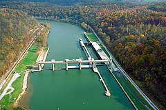 Opekiska Lock and Dam on the Monongahela River near Fairmont, West Virginia, at river mile 115 (185 km)