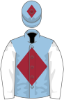 Light blue, maroon diamond, white sleeves, light blue cap, maroon diamond