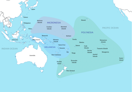 The islands in the Pacific Ocean divided into three major groups Pacific Culture Areas (Philippines+Vanuatu Correction).svg