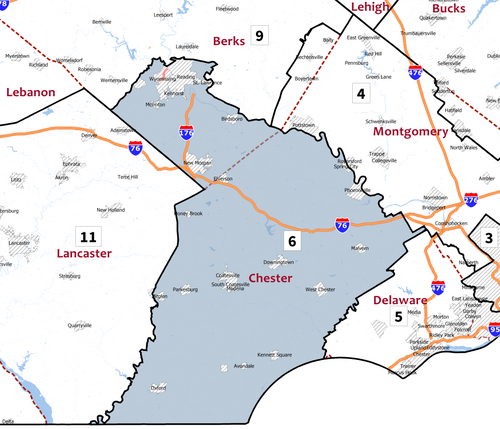 The 2018 congressional map ordered by the Supreme Court of Pennsylvania places Chester County mostly within the 6th congressional district, with an uninhabited exclave of Birmingham Township in the 5th congressional district