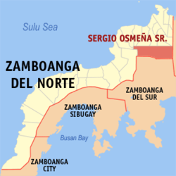 Mapa ng Zamboanga del Norte na nagpapakita sa lokasyon ng Sergio Osmeña Sr.