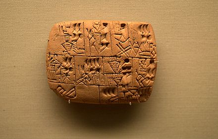 Tablet from Uruk III (c. 3200–3000 BC) recording beer distributions from the storerooms of an institution,[18] British Museum.
