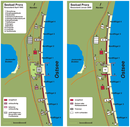 Maps of the complex in 1945 and today