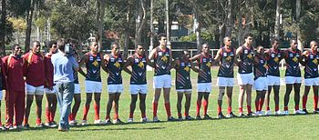 IC08 squad lining up for the national anthem at a first round match in Melbourne Png mosquitos 2008 international cup.jpg