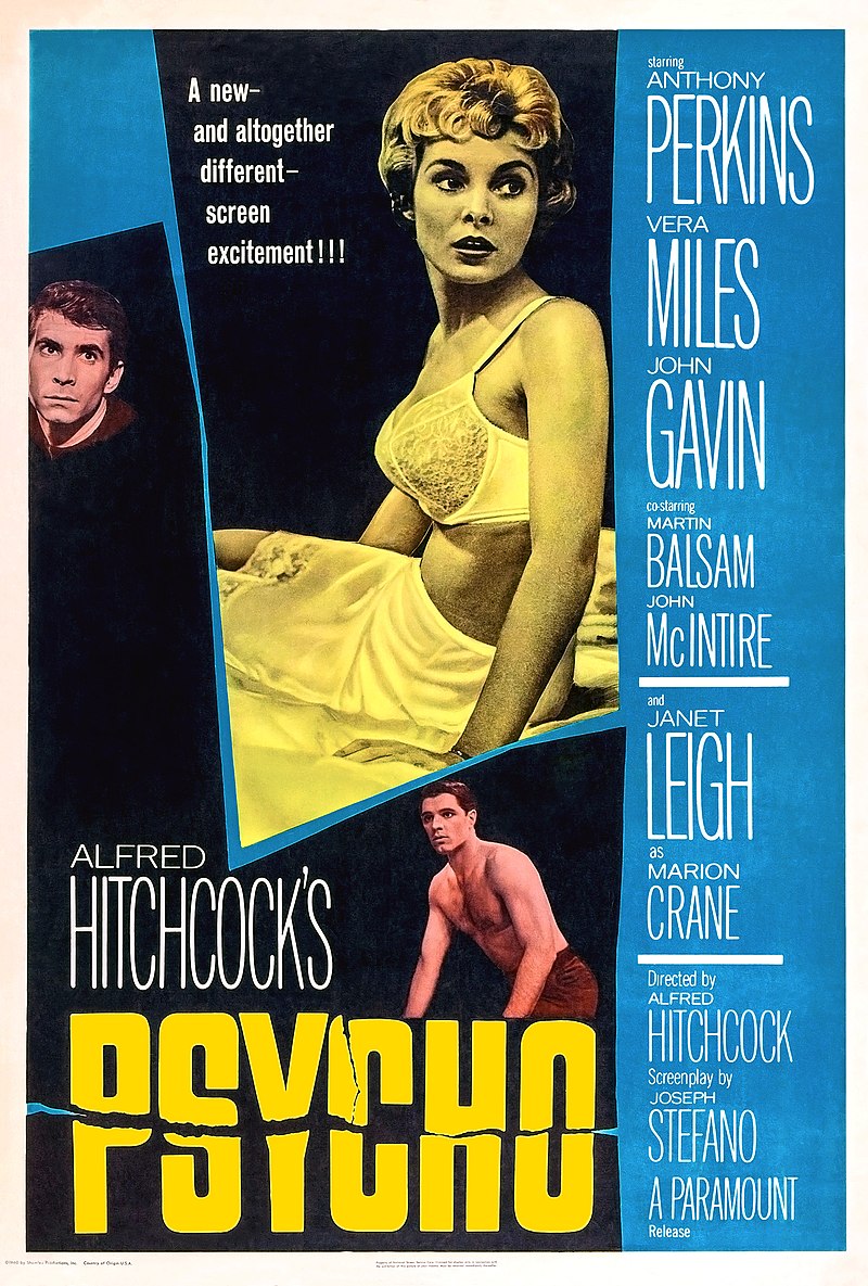 The poster features a large image of a young woman in white underwear. The names of the main actors are featured down the right side of the poster. Smaller images of Anthony Perkins and John Gavin are above the words, written in large print, "Alfred Hitchcock's Psycho".