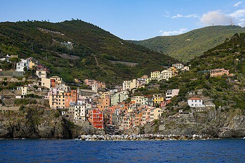 Riomaggiore, view from ferry, Cinque Terre, Liguria, Italy