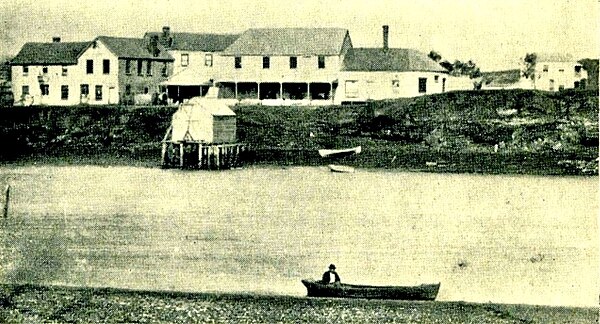 Royal Hotel and Gilmour's Store, with the 1874 jetty in front in about 1880