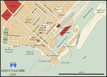 Plan du port de 1941 marquant l'emplacement des Chantiers de Penhoët et de la forme Joubert