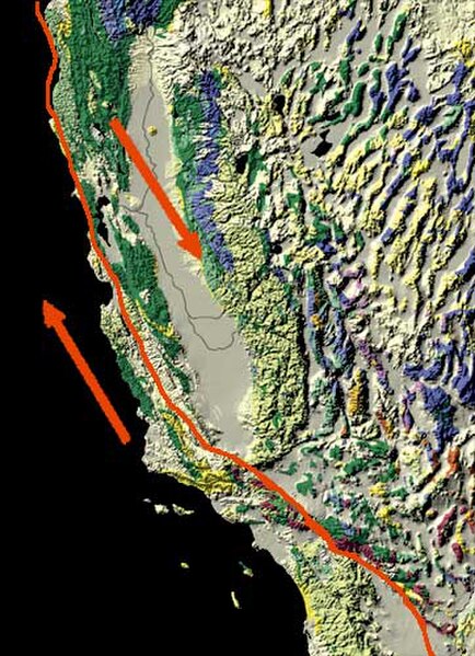 The San Andreas Fault trends more east-west where it cuts through the Transverse Ranges.
