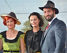 Czech actors Jitka Schneiderova, Marketa Prochazkova and Vaclav Noid Barta as Blanche, Bonnie and Clyde in Prague production (2016) Schneiderova, Prochazkova a Barta 2016.jpg