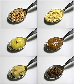 Mustard seeds (top left) may be ground (top right) to make different kinds of mustard. These four mustards are: English mustard with turmeric coloring (center left), a Bavarian sweet mustard (center right), a Dijon mustard (lower left), and a coarse French mustard made mainly from black mustard seeds (lower right). Senf-Variationen edit2.jpg