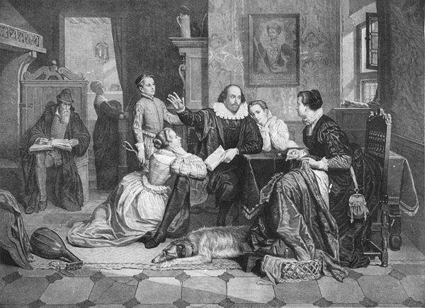 A 19th-century engraving imagining Shakespeare's family life. Hamnet stands behind Shakespeare, left of centre.