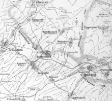 Relief map showing Hindenburg Line (Siegfriedstellung
) and Wotan Line (Wotanstellung) defences around Bullecourt and Queant, 1917 Siegfriedstellung defences 1917.png
