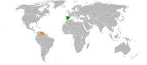 Mapa indicando localização da Espanha e da Venezuela.