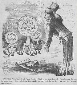 A cartoon from the April 9, 1870 issue of Harper's Weekly which anticipates the resumption of government payments in precious-metal coins. SpecieCartoon.JPG