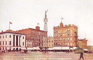 Gottfried Tower, center, where Horace Duncan, Fred Coker, and Will Allen were lynched Springfield MO square Gottfried Tower (before 1909 when tower torn down).jpg