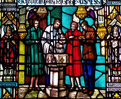 Detail from the "Baptism Window" at St. Mary's Episcopal Cathedral in Memphis, Tennessee, showing godparents from the mid-20th century.
