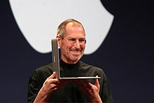 Steve Jobs unveiled the first MacBook Air at Macworld 2008. Steve Jobs with MacBook Air 2.jpg