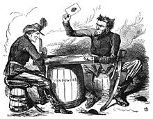 "Abe Lincoln's Last Card; Or, Rouge-et-Noir" (Red and Black), a cartoon by John Tenniel printed by Punch after the London Times wrote in October 1862 that Lincoln had played his "last card" in issuing the Proclamation. Lincoln's hair is in points, suggesting horns. The cartoon was reprinted often in the Copperhead press. TRUMP.JPG