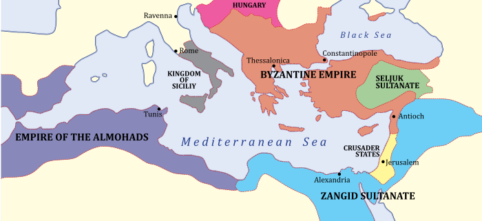 Map of the Byzantine Empire under Manuel, c. 1180[102][26]