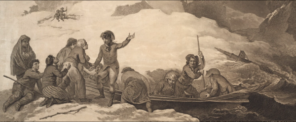 Samuel Waller Prentice, 84th Regiment, 4 January 1780, shipwrecked off Cape Breton, Nova Scotia by Robert Pollard (1784)[16][17][18]