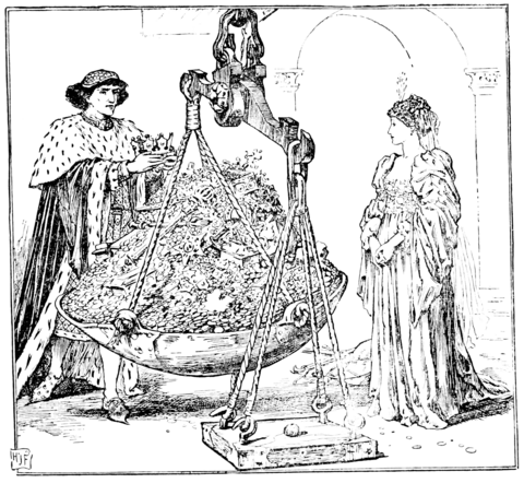 black and white image of a stern-looking man lowering his crown onto an enormous scale already heaped with treasure as an ornately dressed and styled woman looks on. The other side of the scale has only a small ball of thread on it yet is level with the ground as the heavier side while the treasure is raised. The man wears a flowing robe lined with ermine and with an ermine caplet and an ornate cap. The woman wears a flowing gown with puffy sleeves and has a feather in her hair.