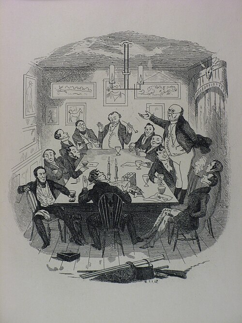 Robert Seymour illustration depicting Pickwick addressing the Pickwick Club (1836)