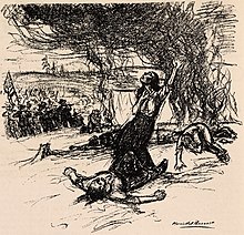 Sketch of the massacre from 1914, by Morris Hall Pancoast. Woman gasps for air while tents burn and Colorado state militiamen fire their rifles. The real insult to the flag.jpg