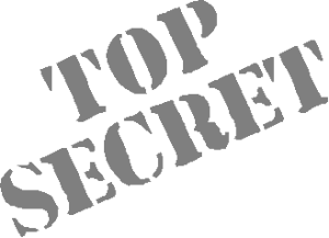 The words "TOP SECRET" printed at a rising angle in grey, in the style of stencilled letters
