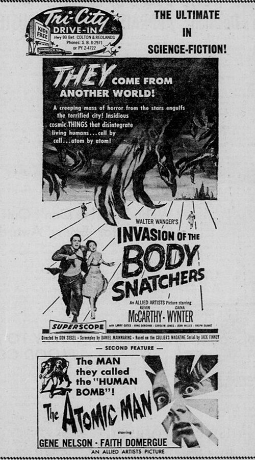 Drive-in advertisement from 1956 for Invasion of the Body Snatchers with co-feature, The Atomic Man