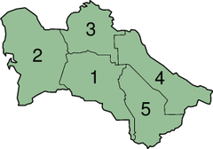 A clickable map of Turkmenistan exhibiting its provinces. TurkmenistanNumbered.png
