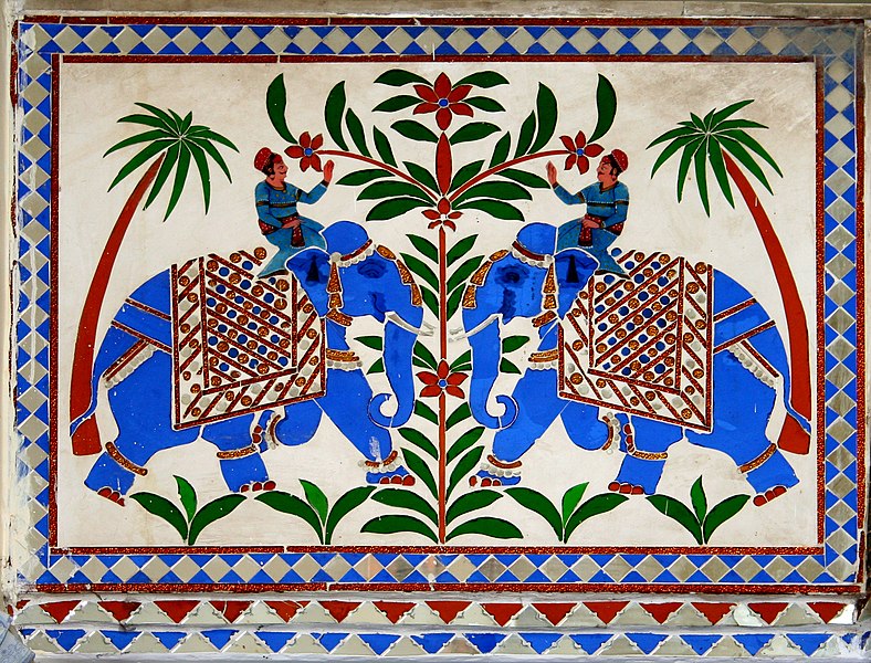 File:Two blue elephants with mahout, mosaic, Udaipur, Rajasthan, India.jpg