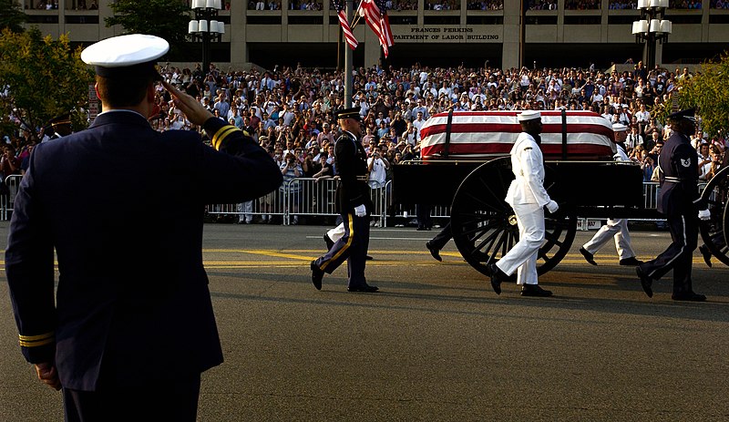 File:US Navy 040609-N-9731T-089 Former President Ronald Reagan's horse-drawn casket is saluted by a U.S. Coast Guardsman.jpg