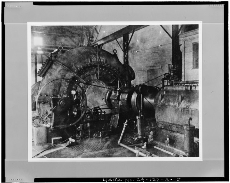 File:VIEW OF SOUTH ELEVATION, FRANCIS TURBINE, SHOWING SHAFT, LOOKING NORTHEAST Historic photograph no. SC8732, 1910, curated in the Jon Kitchen Collection, Special Collections, HAER CAL,4-CENT,1-A-15.tif