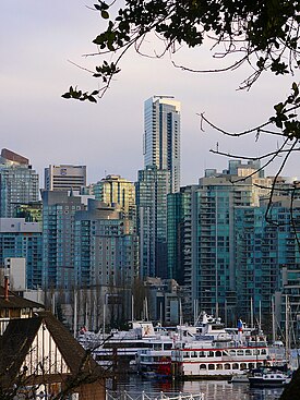 Vancouver is sometimes referred to as the "City of Glass" because of the glass aesthetics that dominate downtown. Vancouver Downtown, 22 fev 2009.jpg