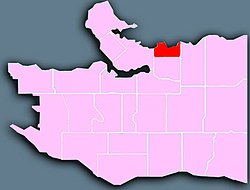 Location of the Downtown Eastside (in red) in Vancouver.