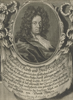 Daniel Vetter, who published his setting of "Liebster Gott, wann werd ich sterben" in 1713 Vetter portrait (1709).png