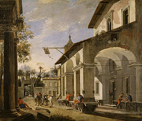 Courtyard of an inn with classical ruins, figures by Domenico Gargiulo Viviano Codazzi - Courtyard of an Inn with Classical Ruins - Walters 371851.jpg