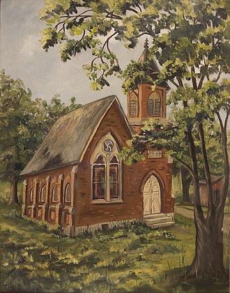 Painting of Wesley Chapel (Hopetown, Ohio) done sometime before the late 1950s when the bell tower was removed due to lightning damage. Wesley Chapel (Hopetown, Ohio) Painting.jpg