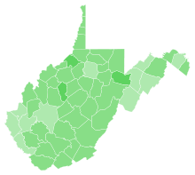 County results of the West Virginia Democratic presidential primary, 2016
Bernie Sanders West Virginia Democratic presidential primary election results, 2016.svg