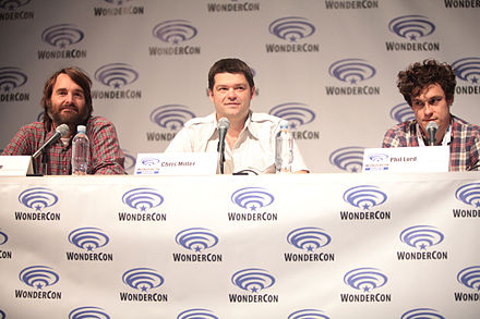 Forte alongside Phil Lord and Christopher Miller at WonderCon 2015
