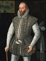 Sir Walter Raleigh who commanded two expedition to search the golden city of El Dorado in Spanish colony of Guayana (actual Venezuela) William Segar Sir Walter Raleigh 1598.jpg